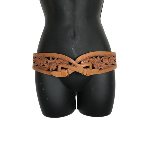 Vintage Accessories - Vintage Western Style Brown Leather Tooled Belt